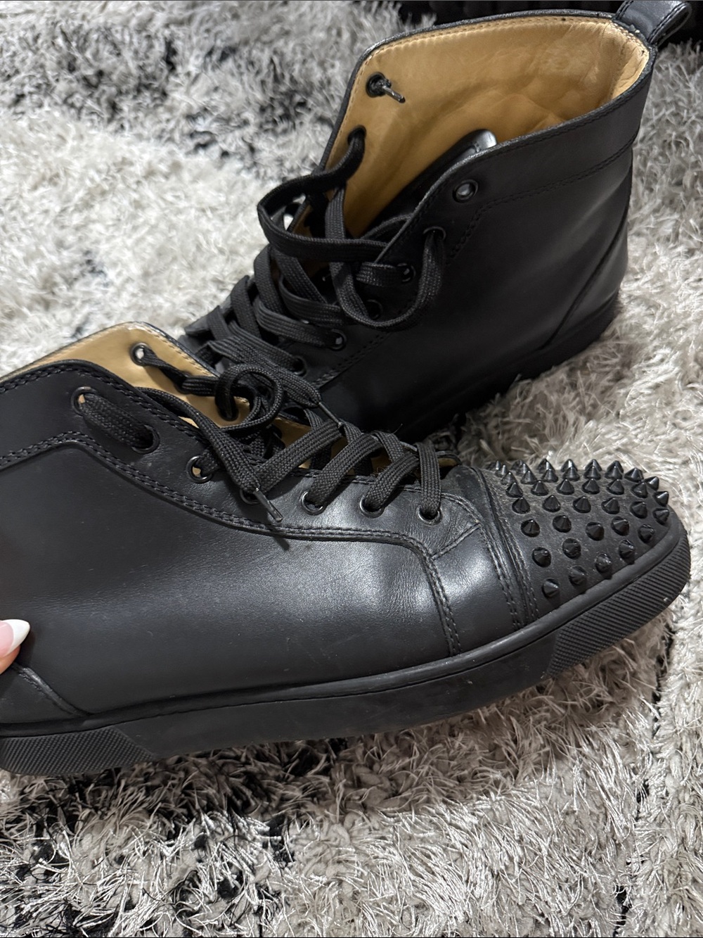 Men's Black Christian Louboutin Studded High-Top Leather Sneakers